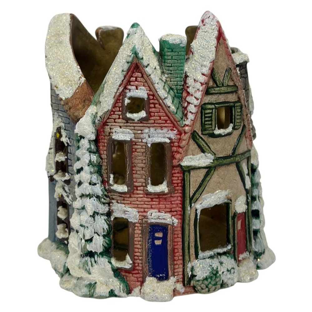 VTG Snowy Village Christmas Candle Holder | Glitter Flocked Holiday Home Décor